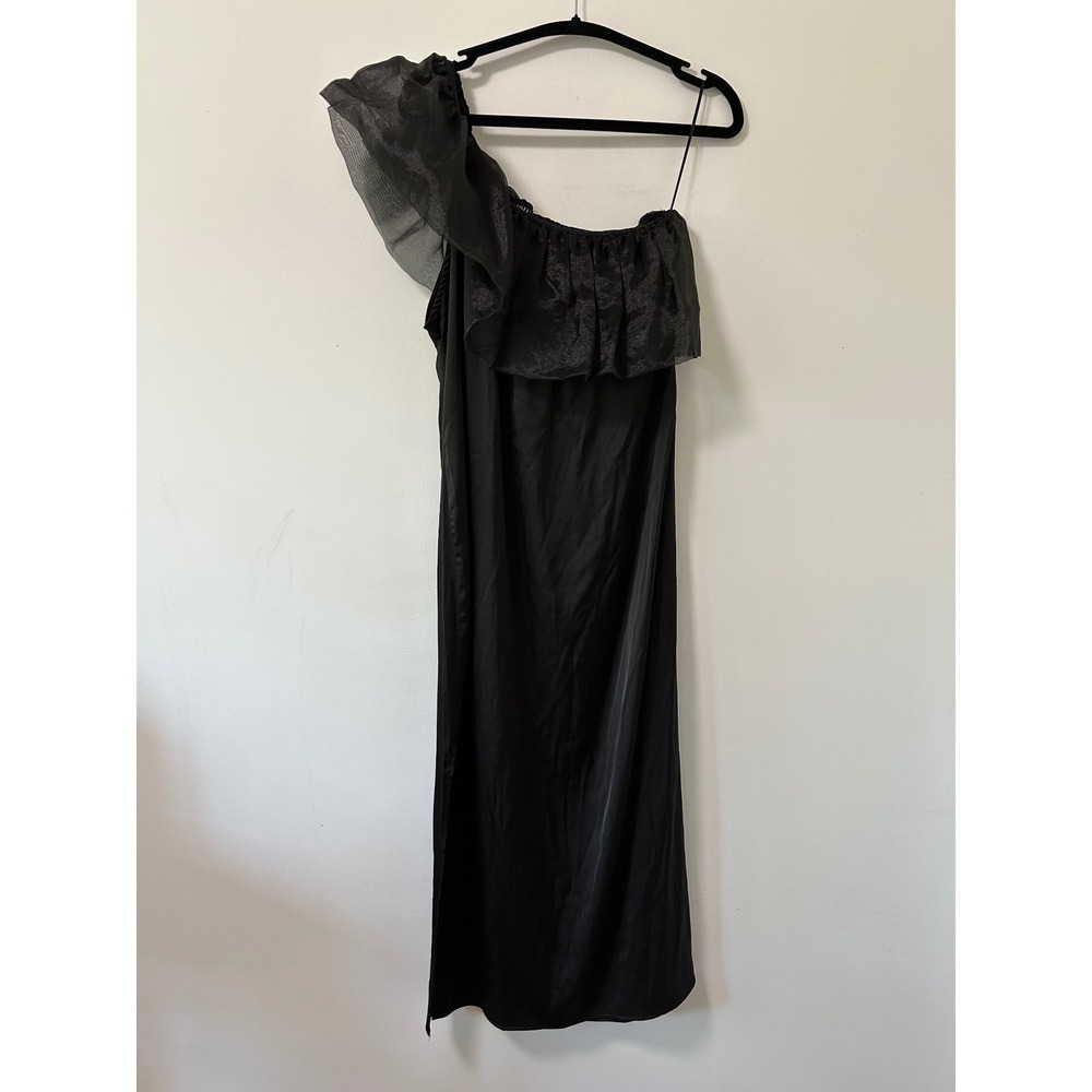 Zara One Shoulder Organza Ruffle Satin Midi Dress Womens Large Black New 2569